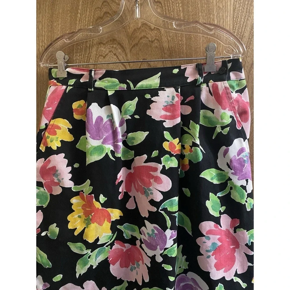 Vintage On The Verge Denim Black Multicolor Floral Pencil Skirt ButtonSlit 13/14